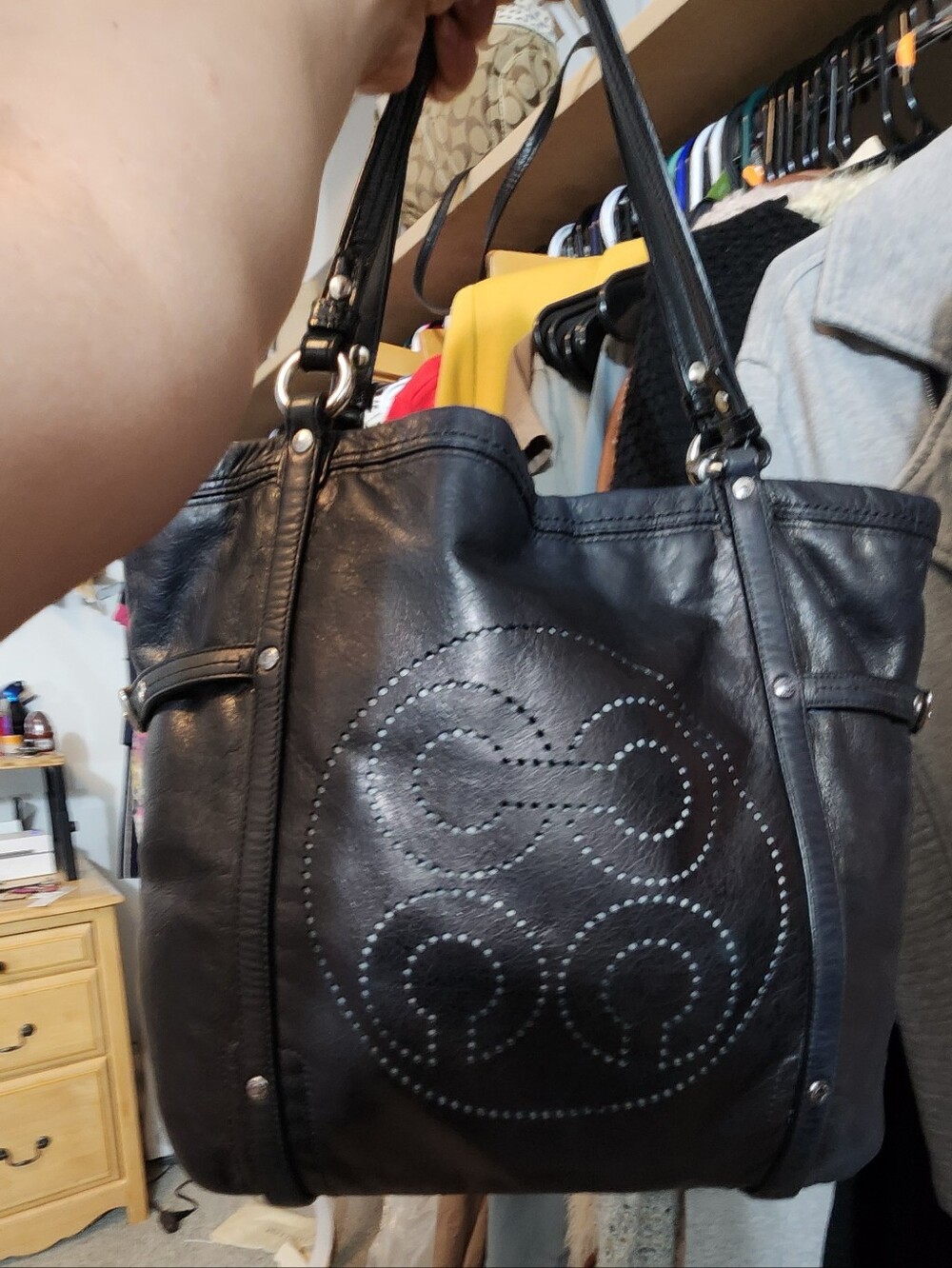 Coach Black Leather Shoulder Tote with Perforated Signature Emblem